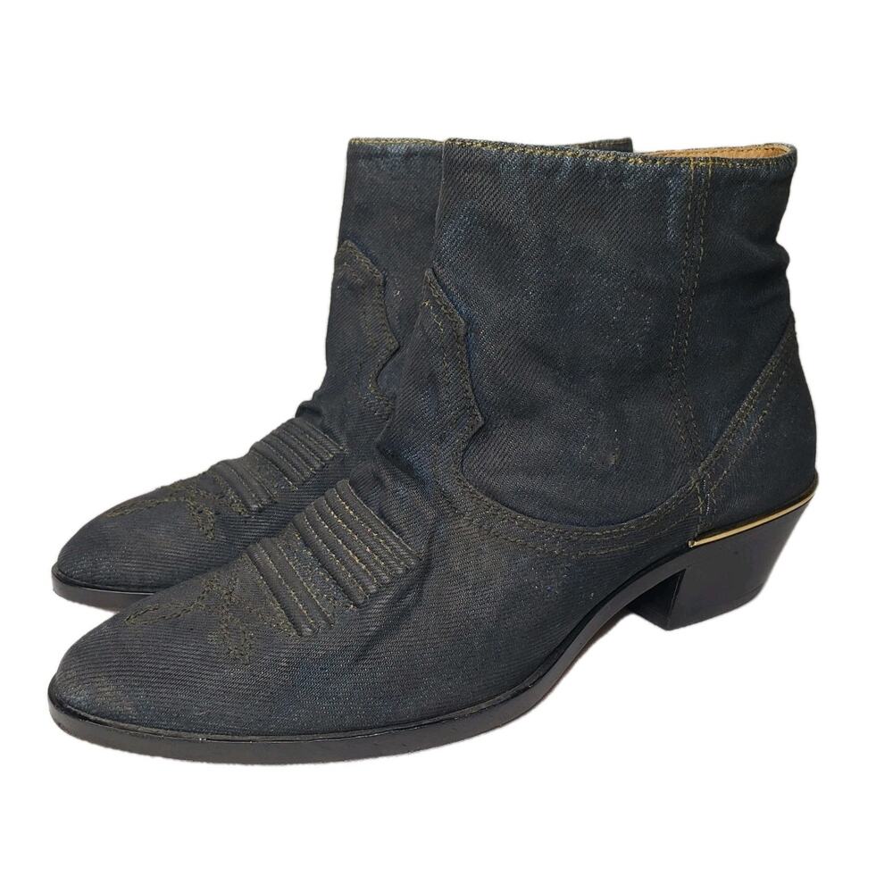 Chloe Black Western Ankle Boots Sz 37 Pointed Toe Zipper Booties Made In Italy